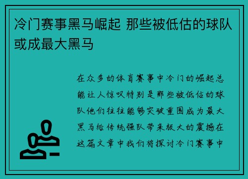 冷门赛事黑马崛起 那些被低估的球队或成最大黑马