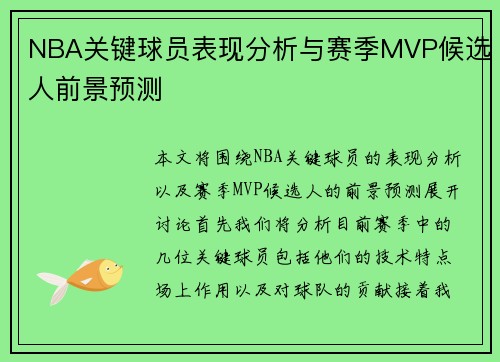 NBA关键球员表现分析与赛季MVP候选人前景预测
