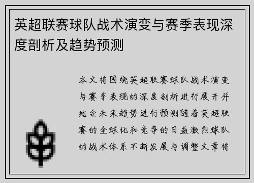 英超联赛球队战术演变与赛季表现深度剖析及趋势预测
